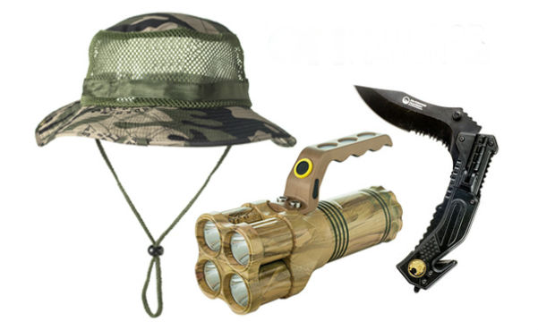 Outdoor Nation Camping Bundle with Knife, 4-LED Flashlight and Camouflage Hat