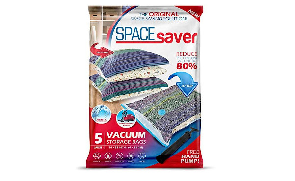 Spacesaver Premium Vacuum Storage Bags. 80% More Storage! Hand-Pump for Travel! Double-Zip Seal and Triple Seal Turbo-Valve for Max Space Saving! (Large 5 Pack)