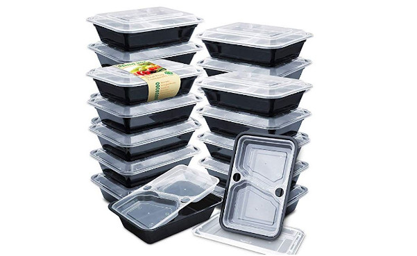 Enther 36oz Meal Prep Containers 20 Pack 3 Compartment with Removable Insert Tray 2-Tier Food Storage Bento Box with Lids, BPA Free Reusable Lunch Box Stackable/Microwave/Dishwasher/Freezer Safe Black